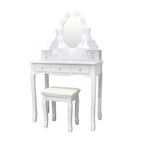 Vanity Set Oval Mirror Surrounds 10 Small Light Bulb and Cushioned Stool