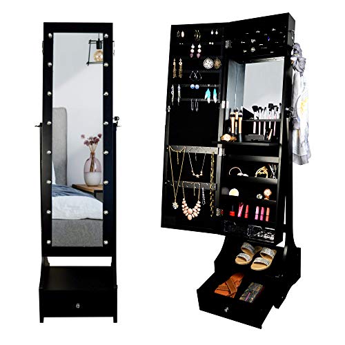 PRINZ Black Jewelry Organizer Cabinet Armoire, Full Length Illuminated Mirror