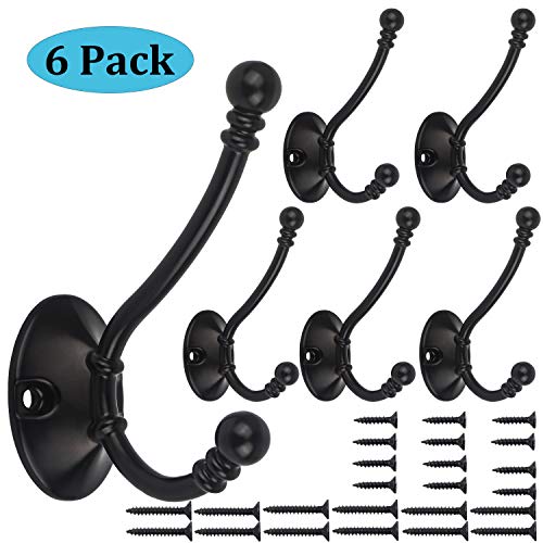 6 Pack Heavy Duty Dual Coat Hooks Wall Mounted with 24 Screws Retro Double