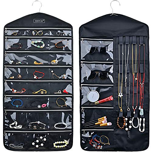 MKPCW Hanging Jewelry Organizer Storage Oxford Cloth Holder with Zipper 29 Pockets 16 Hook and Loops (Black)
