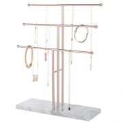 MyGift 3-Tier Rose Gold-Tone Metal T-Bar Necklace Display Stand with Stone Base
