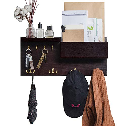 JackCubeDesign Entryway Coat Rack Wall Mount Key Holder Mail Envelope Hook Organizer Clothes Hat Hanger with Faux Brown Leather Shelf and Tray(Solid Wood, 20.5 x 9.1 x 3.4 inches) - :MK362B