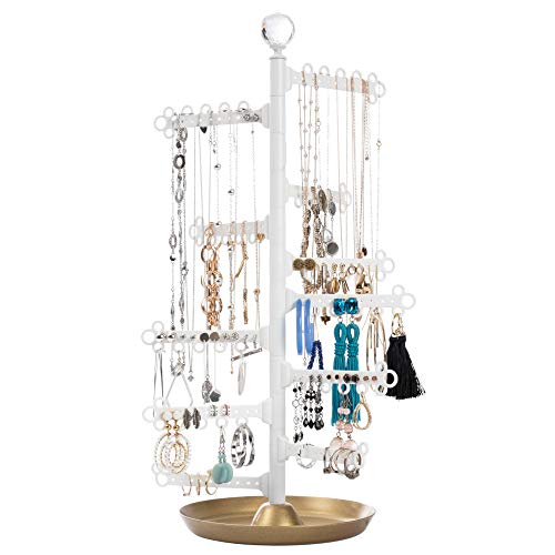 All Hung Up 12-Tier ~ Extra Capacity ~ Earrings (110 Pairs) Necklaces Rings Bracelets ~ Display Everything ~ Tabletop Jewelry Organizer Holder Stand Tower Tree Dish/Tray -Limited Edition: Gold/White