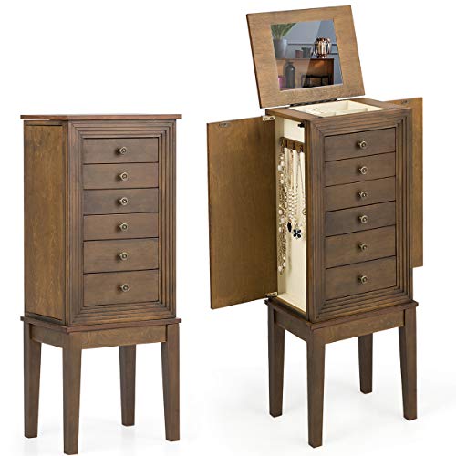 CHARMAID Standing Jewelry Cabinet Armoire with Top Flip Makeup Mirror