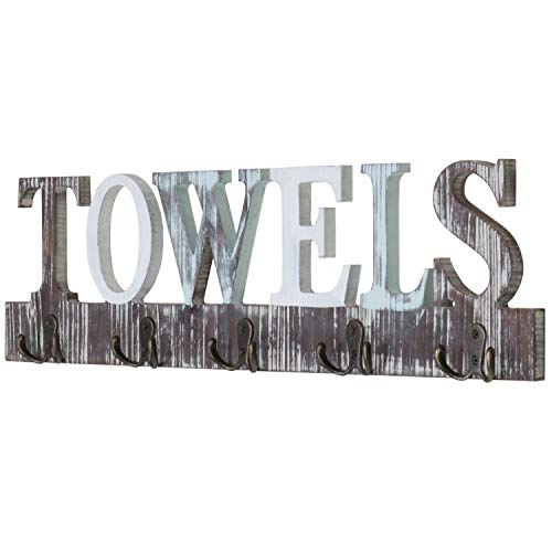 MyGift Rustic Wood 5 Dual-Hook Towel Hanging Rack with Cutout Letters