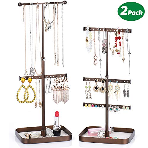 Keebofly Jewelry Stand Organizer Necklace Organizer Display with Adjustable Height for Necklaces Bracelet Earrings and Ring, Bronze Pack of 2