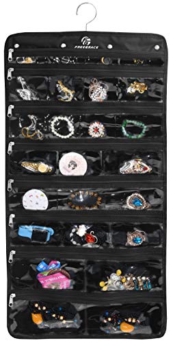Freegrace Premium Hanging Jewelry Organizer Revolving Hanger - Secure Zipper Closure - 50 Pockets/Two-Side Pockets - Foldable Storage & Display Solution Jewelry & Bijoux - Black