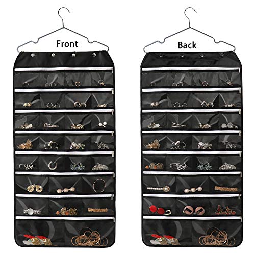 Hanging Jewelry Organizer, McoMce Double Sided 56 Pockets Jewelry Organizer with Zippered Pockets, Necklace Holder Jewelry Chain Organizer for Earrings Necklace Bracelet Ring with Hanger, Blac