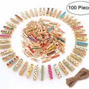 Mini Wooden Clips, Magnolian 100Pcs Colored Natural Mini Wooden Photo Paper Peg Pin Craft Clips Bundle with 66 Feet Jute Twine
