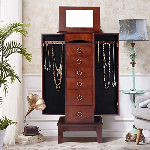 Gentle Shower Jewelry Cabinet with Mirror Jewellery Box Organizer Wooden Jewelry Storage Armoire Hanging 6 Drawers