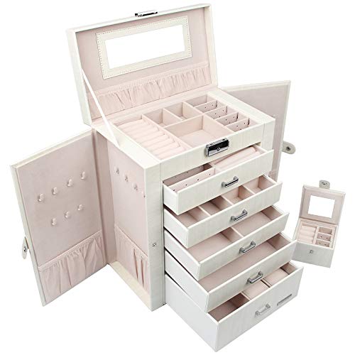Homde 2 in 1 Huge Jewelry Box/Organizer/Case Faux Leather with Small Travel Case, Gift for Girls or Women (White Wood Grain)
