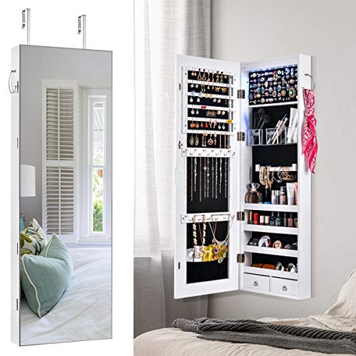 XCSOURCE Jewelry Organizer Jewelry Armoire Lockable Jewelry Chest Jewelry Cabinet Wall Door Mounted with Large Capacity Jewelry Armoire Length Mirror Lockable Large Jewelry Organizer(White)