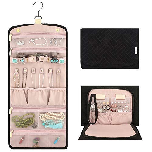 Vextronic Travel Hanging Jewelry Organizer Case Foldable Jewelry Roll Storage Case Bag for Bracelets Earrings Necklace Rings Watches,Black and Pink