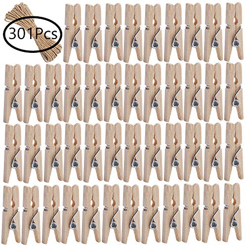 Outee 301 Pcs Mini Clothespins Wooden Clips Clothespins Wood Photo Paper Peg Pin Craft Clips with 10M Jute Twine Multi-Function