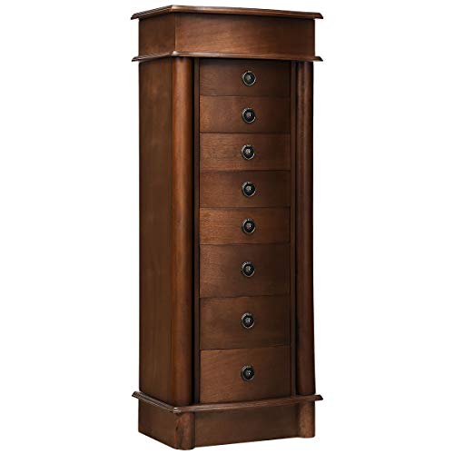 Giantex Jewelry Armoire Cabinet Stand with 8 Drawers,Top Divided Storage Organizer with Flip Makeup Mirror Lid Large Side Door Chest Cabinets, Antique Wood Standing Armoires Jewelry Box w/ 8 Hooks