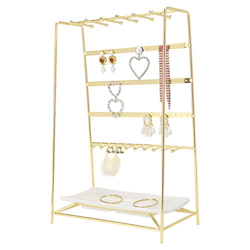 MORIGEM Jewelry Organizer, 5 Tier Jewelry Stand, Decorative Jewelry Holder Display with White Tray for Necklaces, Bracelets, Earrings & Rings, Gold