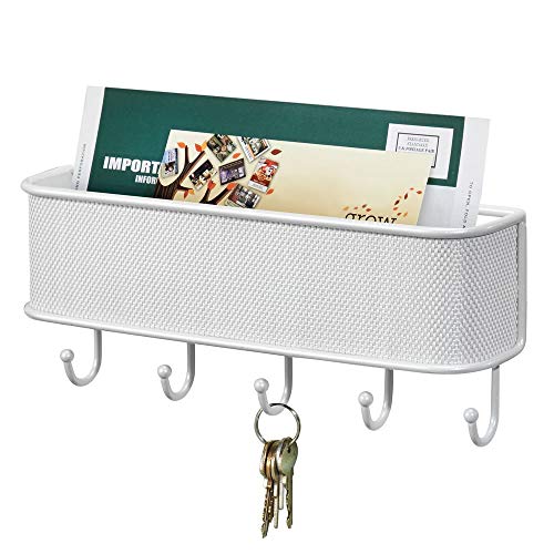 mDesign Metal Woven Wall Mount Storage Organizer Mail Sorter Basket with 5 Hooks - for Letters, Magazines, Coat, Pet Leash and Keys for Entryway, Mudroom, Hallway, Kitchen, Office - White