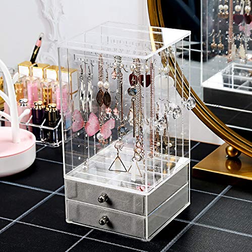 Sooyee Clear Jewelry Box for Women,Ring Earrings Necklace & Bracelet Hanger Acrylic Jewelry Storage Display Case,Large(3 Vertical Drawers 2 Ice Velvet Drawers)