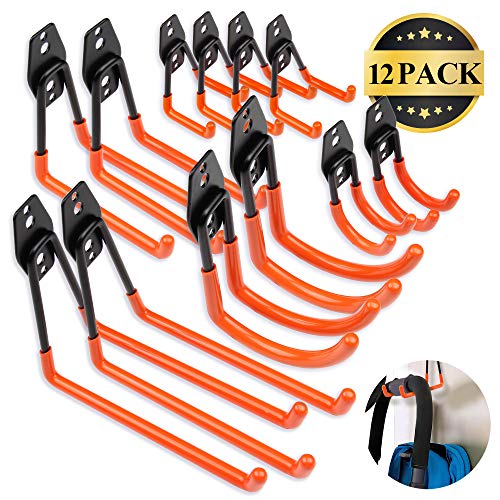 Steel Garage Storage Utility Double Hooks, Easy to Install Wall Mount Heavy Duty Hangers for Organizing Large Power Tools, Anti Slip Design Holding Ladders, Chairs, Bikes, Ropes, Bulk Items, 12 Pack