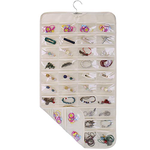 SPIKG Hanging Jewelry Organizer Holder, Storage Bag for Earrings Necklace Bracelet Ring Accessory Display Holder Box (Beige -80 Pockets)