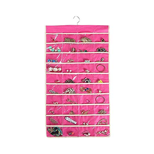 Hanging Jewelry Organizer Holder, 80 Pockets Double Sided Accessories Storage for Necklaces, Bracelets, Rings, Earrings and More (Pink)