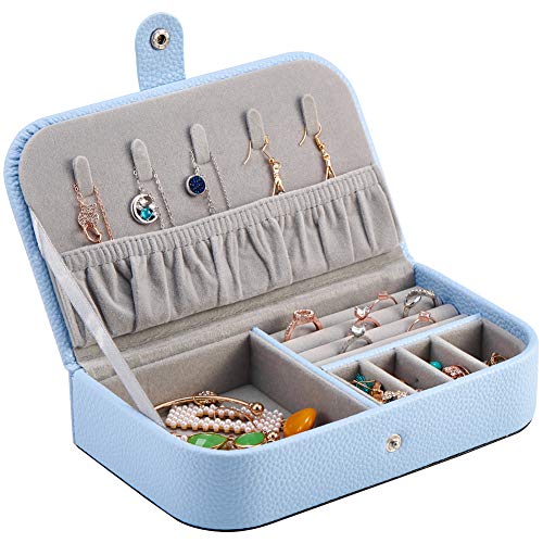 Watpot Jewelry Travel Case Organizer for Women - Portable Leather Jewellery and Accessories Box, Light Blue