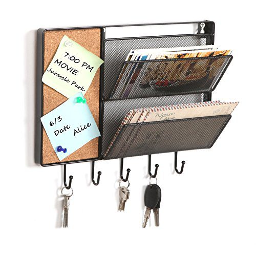 MyGift 12-Inch Black Mesh Metal Wall Mounted Storage Rack/Hanging Mail Sorter w/Cork Board & 5 Key Hooks