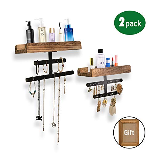 Refrze Rustic Hanging Jewelry Organizer,Wall Mounted Jewelry Organizer, Wood Jewelry Holder Display for Necklaces Bracelet Earrings Ring 2 Packs