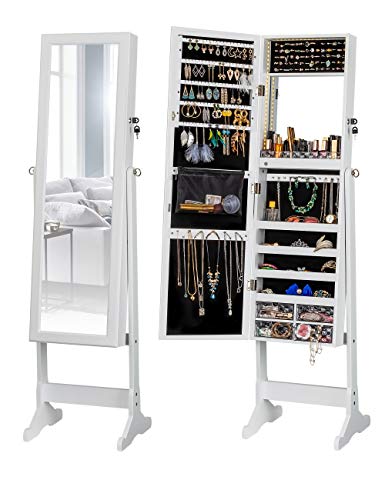 LUXFURNI LED Light Jewelry Cabinet Standing Mirror Makeup Lockable Armoire