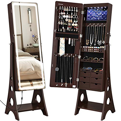 SONGMICS Jewelry Cabinet Armoire with Adjustable Light Ribbon on Beveled Edge