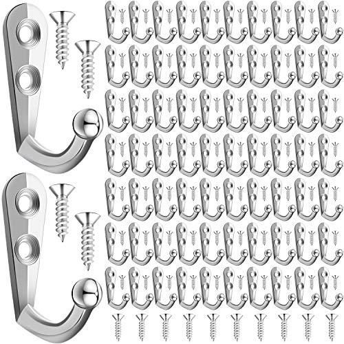 100 Pieces Double Hole Wall Mounted Single Hook Robe Hooks Coat Hooks and 210 Pieces Screws for Hanging Key Hooks Jewelry (Silver)