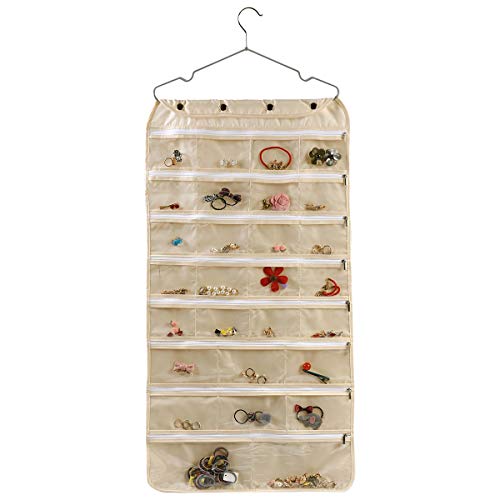 ComboCube Beige Oxford Dual Side 60 Zippered Pockets Hanging Jewelry Organizer(Hanger Included)(Oxford Beige)