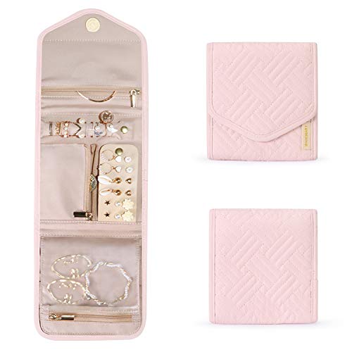 BAGSMART Travel Jewelry Organizer Case Foldable Jewelry Roll for Journey-Rings, Necklaces, Earrings, Bracelets, Light Pink, Mini