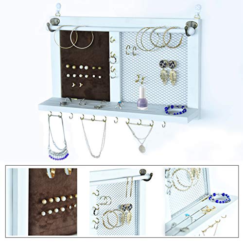 Kullavik Wall Mounted Jewelry Organizer Armoires Home Decor Display Shlef Storage for Necklaces,Bracelets,Ring Holder,Earings Wire Mesh,Velvet Earring Display,Incl.Hooks for Hanging Jewelries