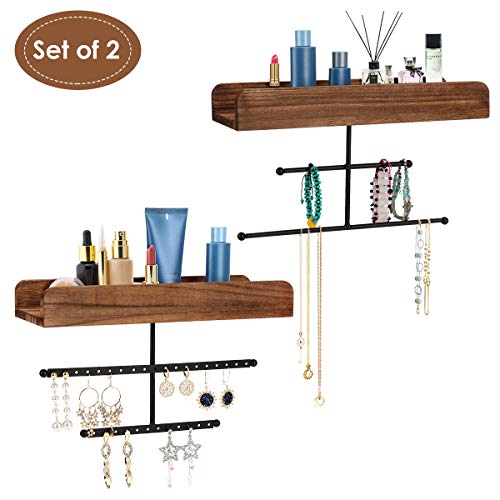 FTLL Hanging Jewelry Organizer Wall Mounted 2 Pack, Rustic Makeup Organizer, Wood Jewelry Holder Display with Shelf for Earrings, Rings, Necklaces, Bracelets and More (Grey) ... (Brown)