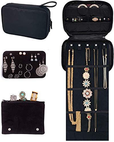 Pink Larus Jewelry Organizer. Tangle-Free Necklace with Roll Out Mat, Earring Card for Studs, Drop and Hoops, and Ring Organizer. Black Compact Case Fits Perfectly in a Carry On!