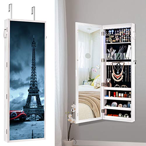 Lockable Jewelry Cabinet Wall/Door mounted,8 LED Jewelry Armoire