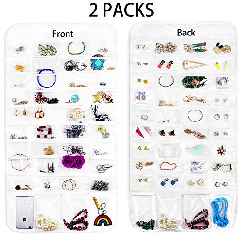 BSTC 2PCS Hanging Jewelry Organizer, Jewelry Organizer Double Sided Jewelry Travel Organizer Display Holder, 144 Pockets Over The Door Jewelry Organizer for Earrings Necklace Bracelet Ring