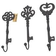 LuLu Decor, Shabby Chic Decorative Wall Hook Cast Iron Key Shape Coat Hanger (Vintage Black 3 Pcs)