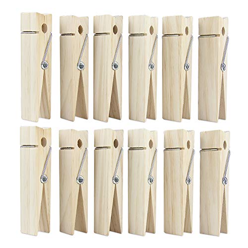 RIVERKING Big Clothes Pins,12 PCS Large Clothes Clips,6 Inch Wooden Giant Clothespins,Wood Natural Jumbo Clothespins for DIY Crafts,Wedding and Bathroom Decoration