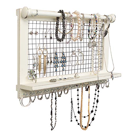Wooden Wall Mount Organizer for Jewelry - Vintage Design Jewelry Holder with Removable Bracelet Rod - Easy Installation - No More Tangling - Ideal for Earrings, Bracelets, Necklaces (Rustic White)