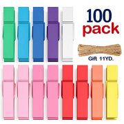 Clothes Pins Mini Clothespins Colored - 100 PCS Wooden Small Clothespins for Pictures Photo Paper Clip , Ideal for Crafts, Chip Clips, Home Decoration 1.38 X 0.28 inches, with 11 Yards Jute Twine