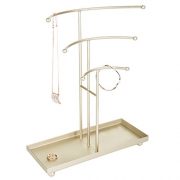 MyGift Gold-Tone Metal Tabletop 3-Tier T-Bar Necklace Stand with Ring Tray
