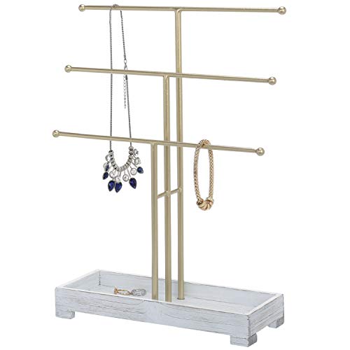 MyGift 3-Tier Gold-Tone Metal Jewelry Display Stand with Vintage White Wood Ring Tray