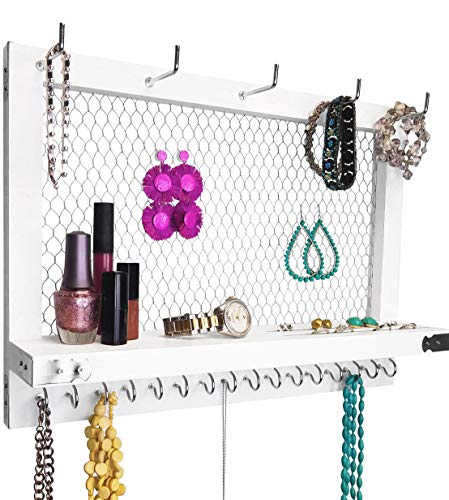Large White and Silver Wall Mounted Hanging Jewelry Organizer, Perfect Holder for Earrings Necklaces Bracelets-Silver Chicken Wire, Present for Women, Wife, Mom, Girlfriend