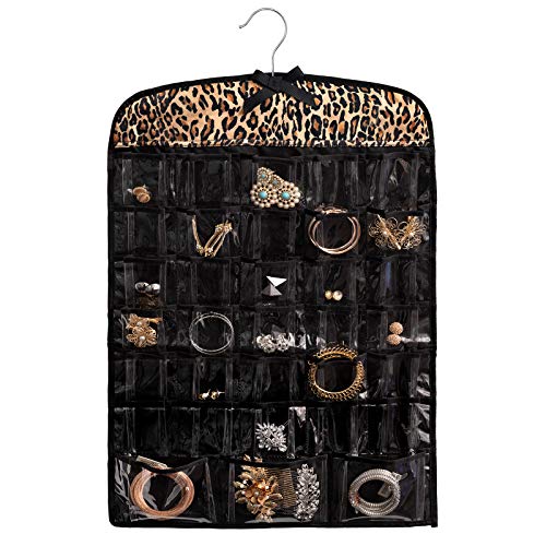 Once Upon a Rose Hanging Jewelry Organizer, Over The Door Jewelry Organizer, Double Sided with Clear Pockets, 17" x 30", Includes Hanger (Leopard Print)