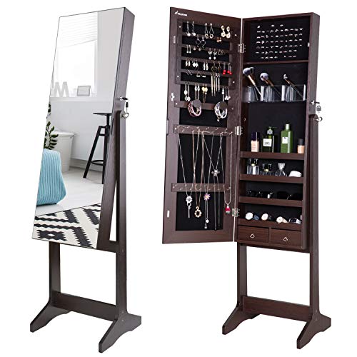 Nicetree Jewelry Cabinet with Full-Length Mirror, Standing Lockable Jewelry