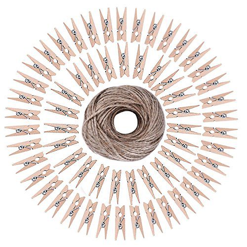 BronaGrand 50pcs Mini Wooden Utility Paper Clip, Clothespins Clip, Clothes Line Clips with 300 Feet Natural Twine