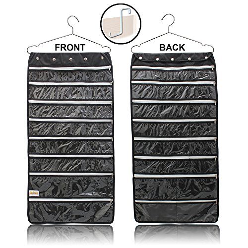 Premium Hanging Jewelry Organizer 44 Secure Zipper Pockets - Hanger & Door Hanging Hook - Stores Jewelry, Accessories, Cosmetics, Makeup & Toiletries - Durable Two Sided Foldable Storage - Saves Space