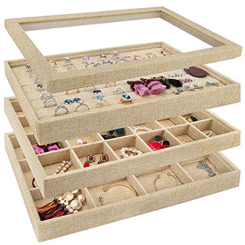 Mebbay Stackable Sackcloth Jewelry Trays Organizer Set with Clear Lid